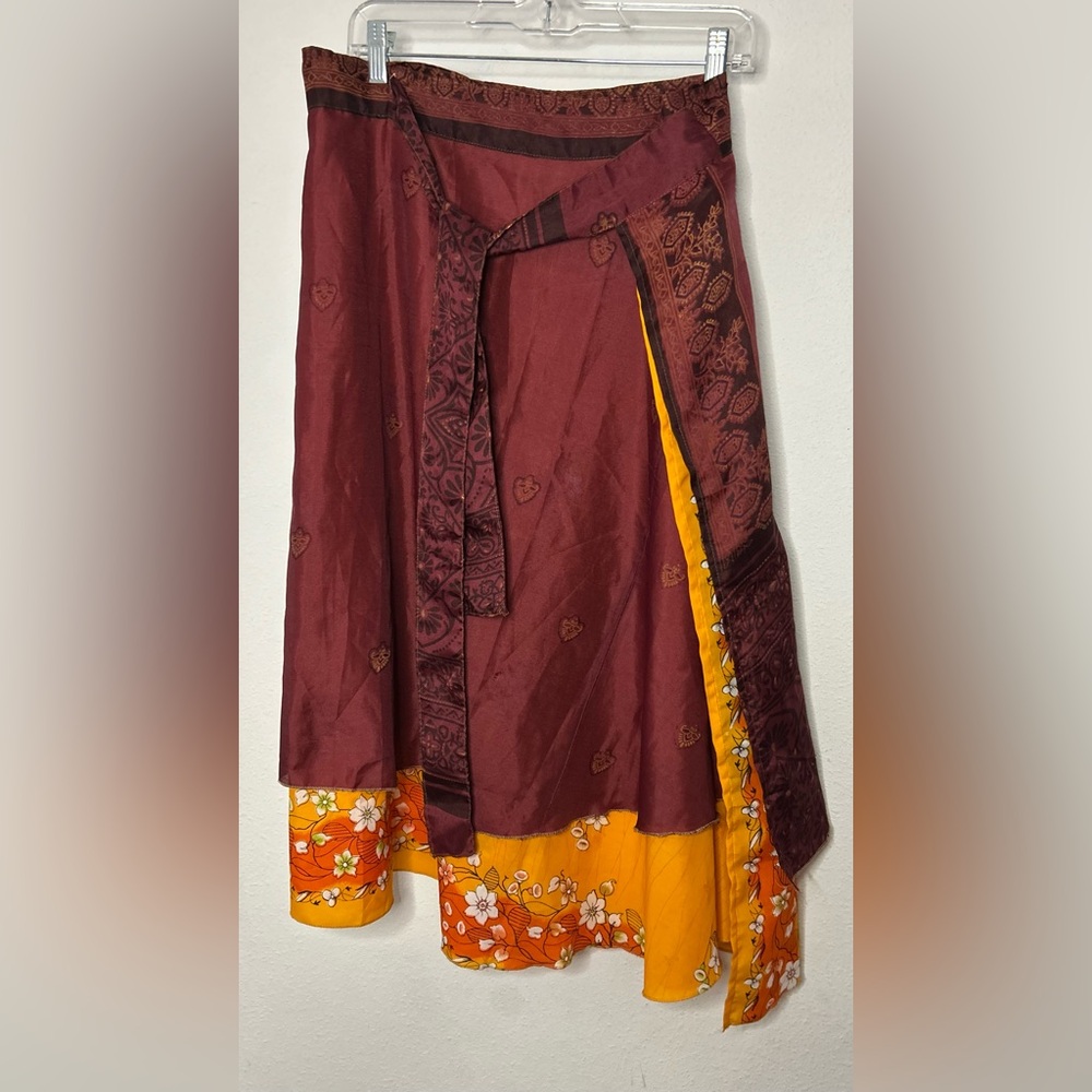 Two-Tone Asymmetrical Wrap Skirt in Burgundy and Mustard Floral